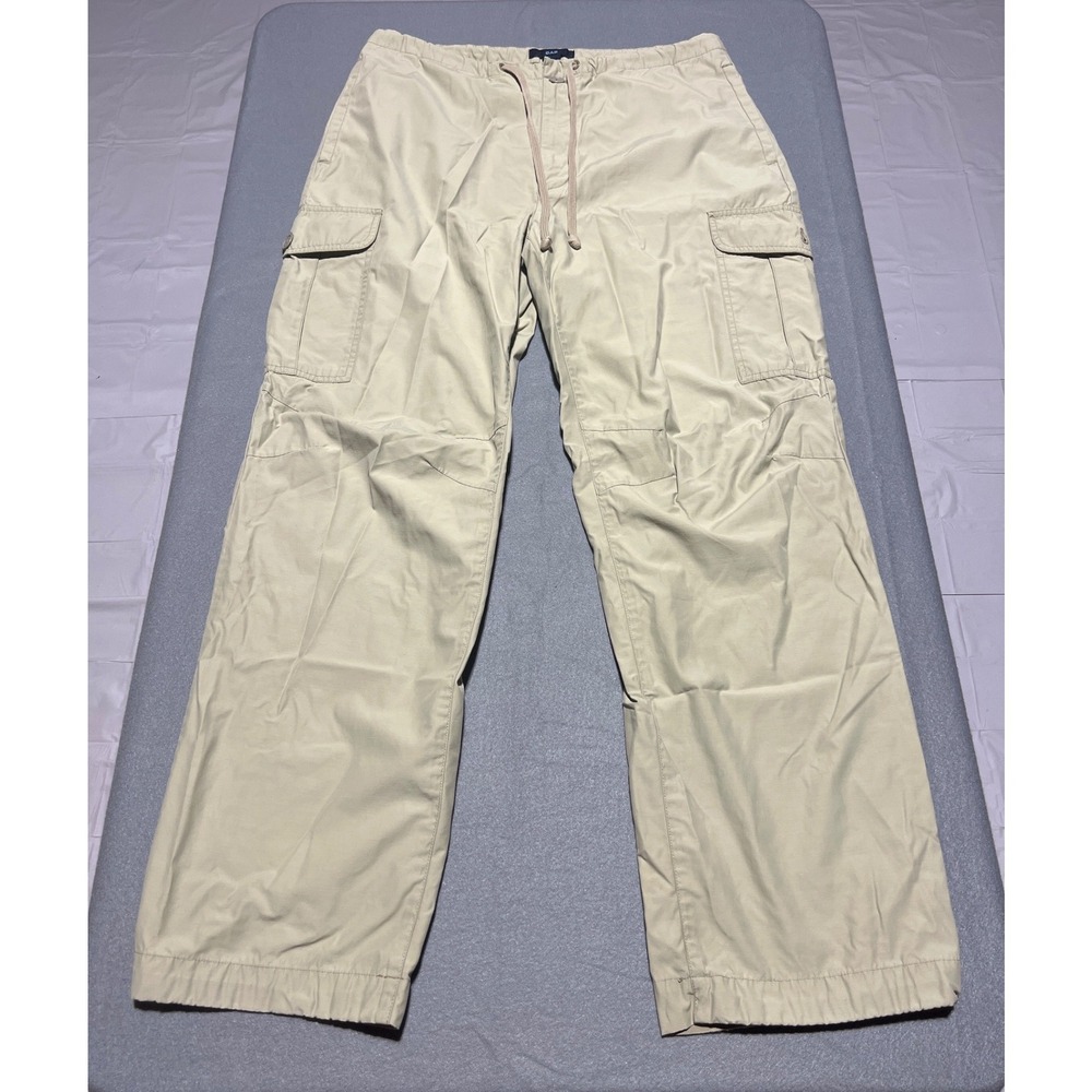 Gap Khaki Cargo Pants Mens Medium Drawstring Elastic Waist Straight Leg Vintage